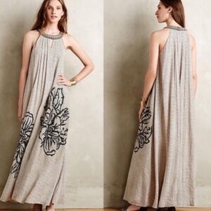 Anthropologie Ranna Gill Grandiflora Beaded Floral Brown Sleeveless Maxi Dress L